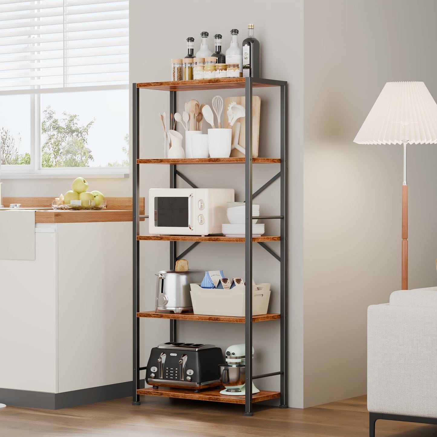 Furologee 5 Tier Book Shelf Set of 2, Tall Wide Bookshelf, Industrial Open Bookcase, Display Shelves Storage Organizer, Shelving Unit for Living Room, Home Office, Bedroom, Rustic Brown