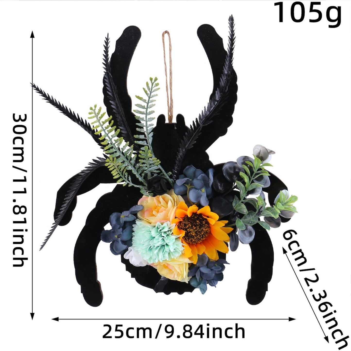 Halloween Spider Wreath with Sunflowers and Black Feathers, Wooden Pendant for Front Door Decoration Fall Halloween Party Decor Supply