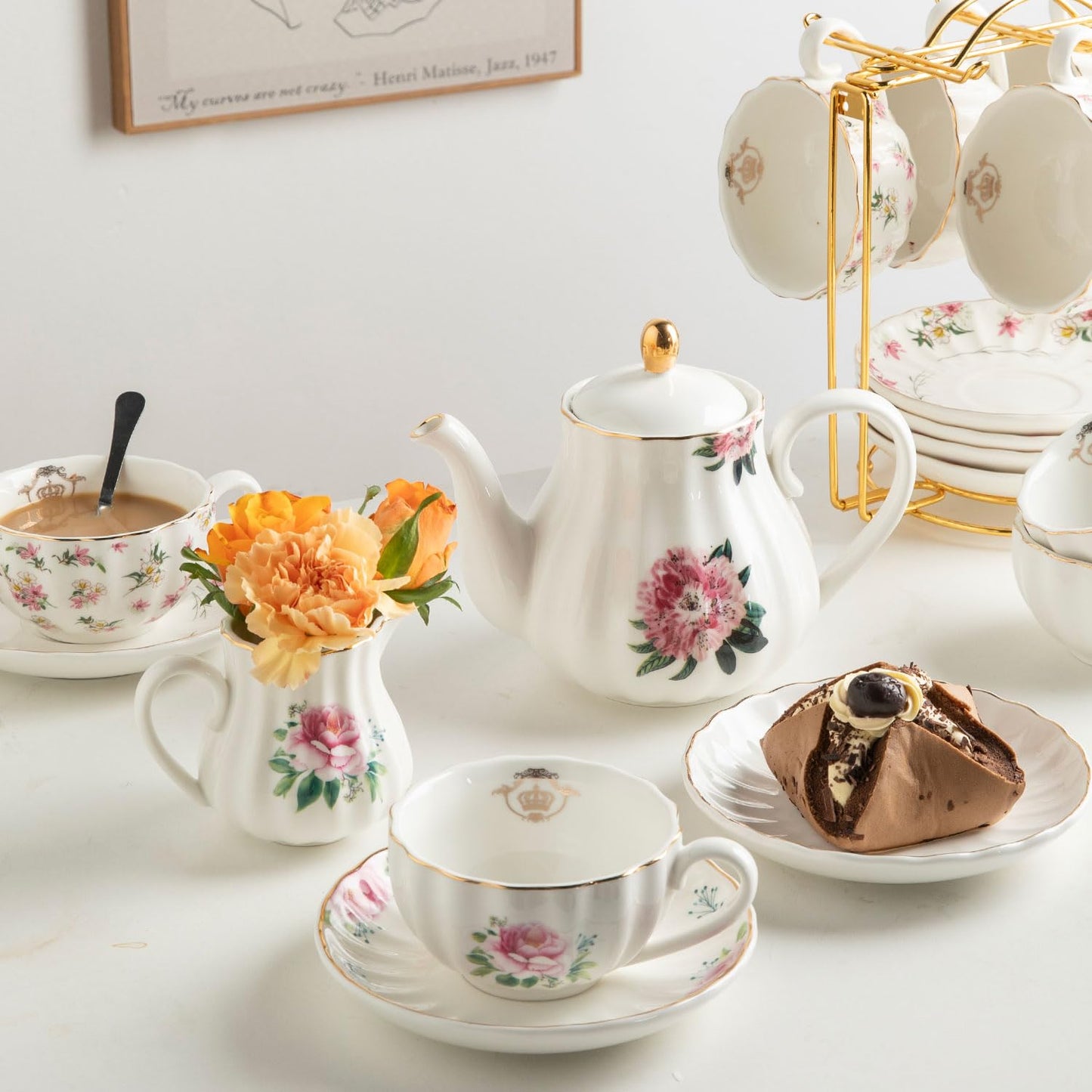 Sweejar Porcelain Tea Sets British Royal Series, 8 OZ Cups & Saucer Service for 6, with Teapot Sugar Bowl Cream Pitcher Teaspoons and Tea Strainer, Suitable for High Tea, Wedding, Party