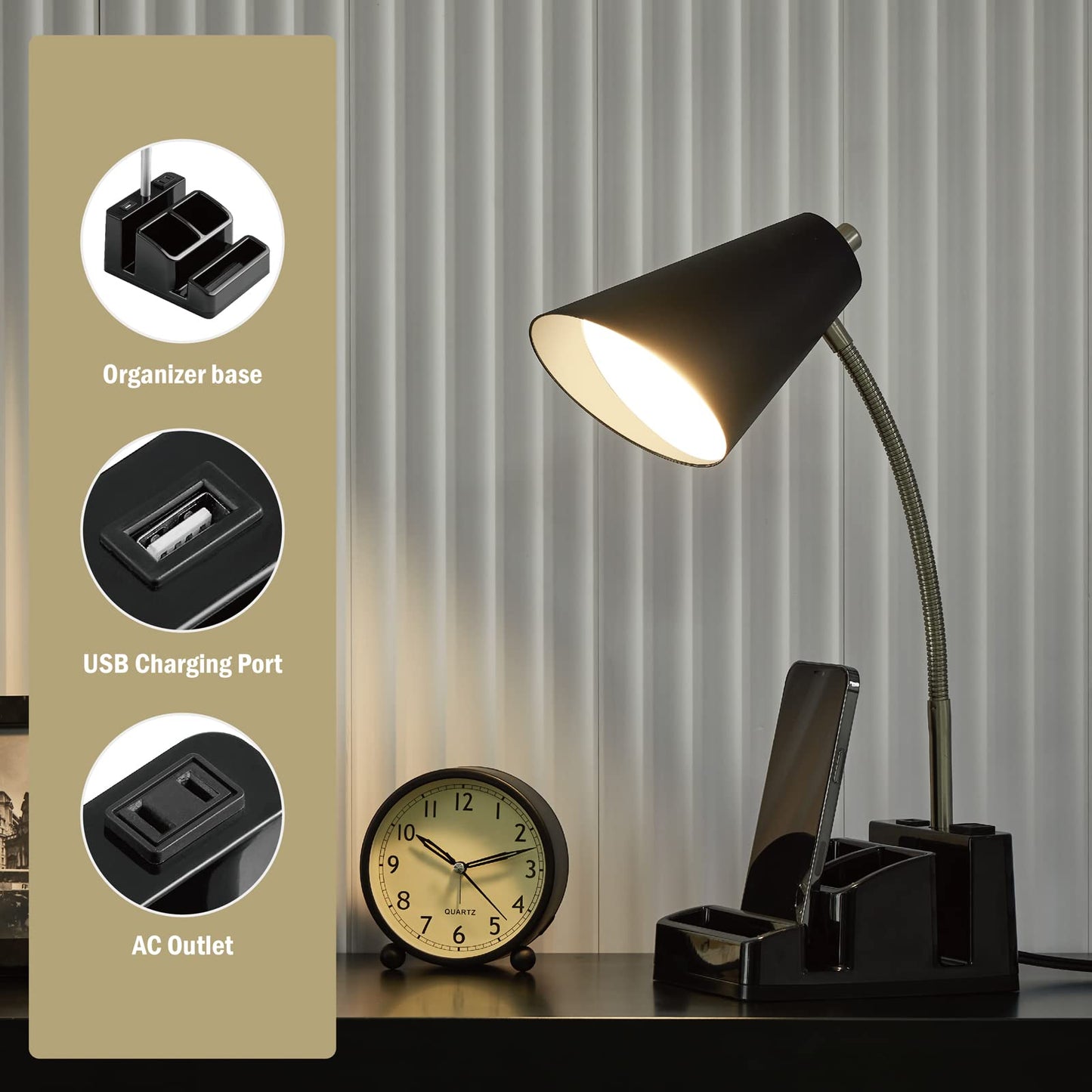 LED Desk Lamp with 1 USB Charging Port and 1 AC Outlet, Organizer Base, Adjustable Neck, On/Off Switch, Modern Table Lamp for Reading, Working, Studying, Gentle Warm White Light, Eye Protect(Black)