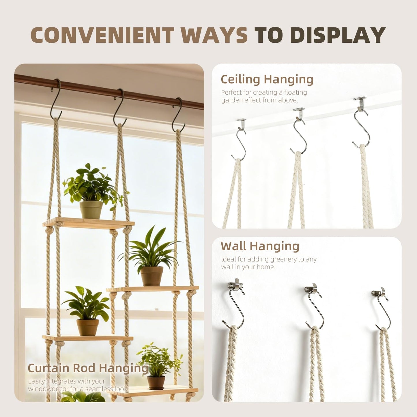 YJREW Window Plant Shelves for Indoor Plants Plant Shelf Indoor Wall Mounted Hanging Plant Stand with Wooden Shelves for Windowsill Boho Indoor Plant Shelf for Window Sill
