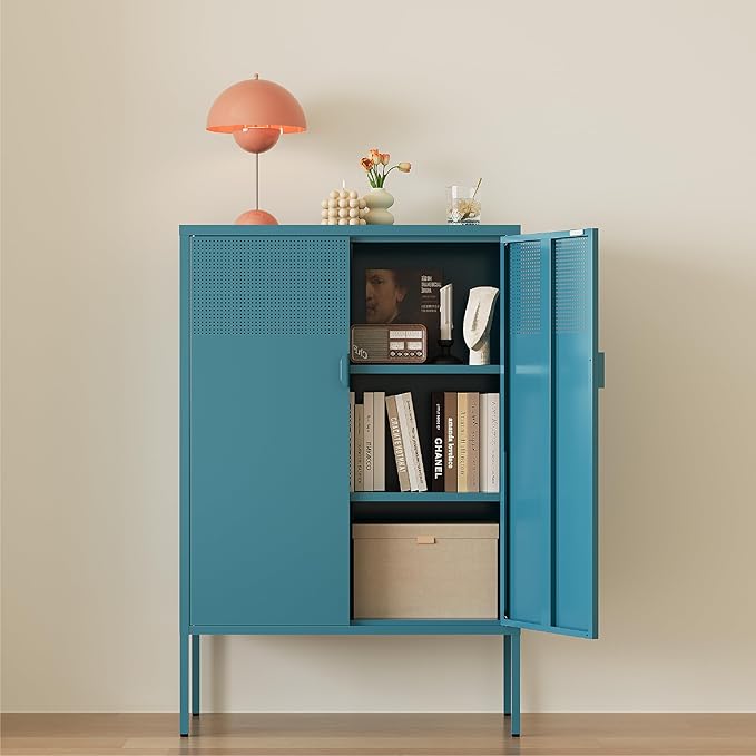 Metal Storage Cabinet, 2 Door TV Stand, Metal Mesh Accent Cabinet, Magnetic