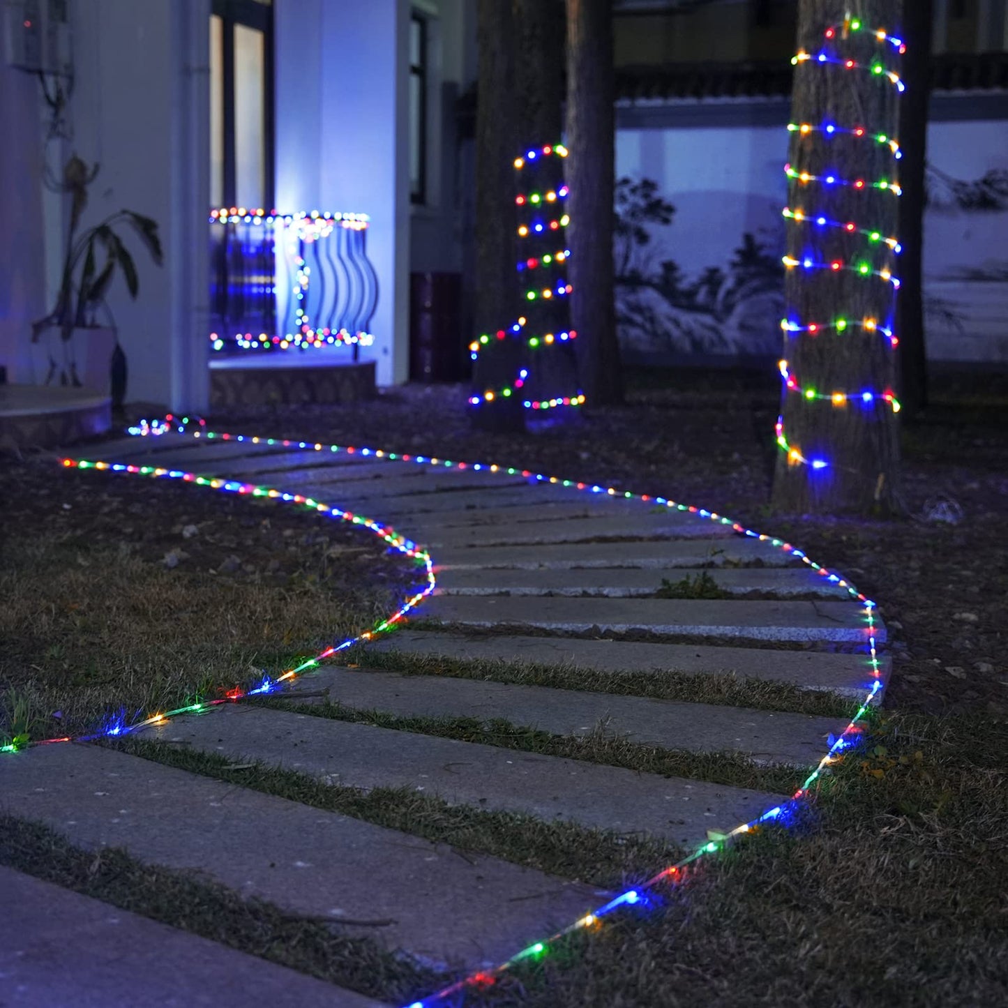 JMEXSUSS 2 Pack 100 LED Solar Rope Lights, IP 65 Solar Rope Lights Outdoor Waterproof, 33ft 8 Modes PVC Tube Trampoline Light for Fence Walkway Path (Multicolor)