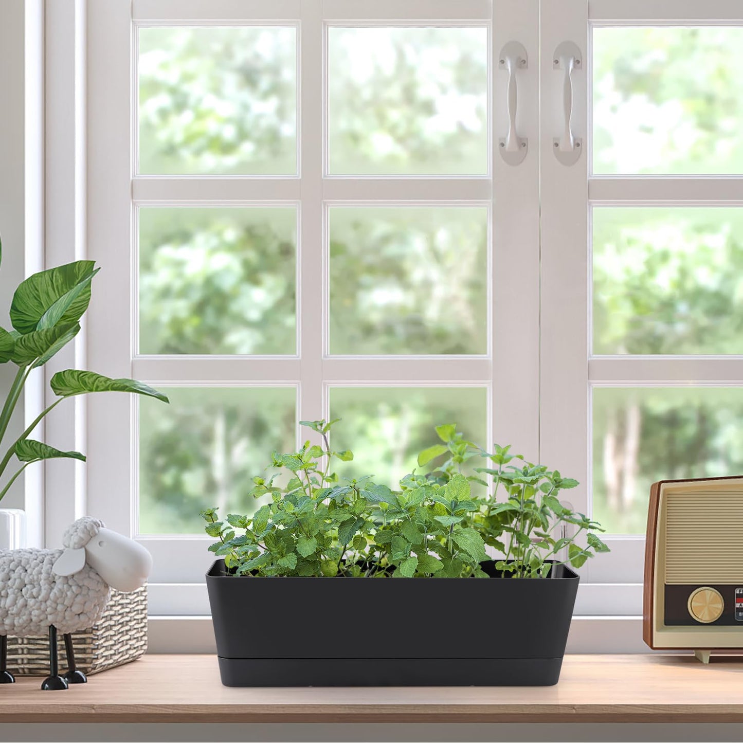 Skelang 3 Pcs Rectangular Plant Pot, 16.7" Flower Planter Box with Drainage Hole, Windowsill Container with Tray for Succulents, Cacti, Herbs, Black