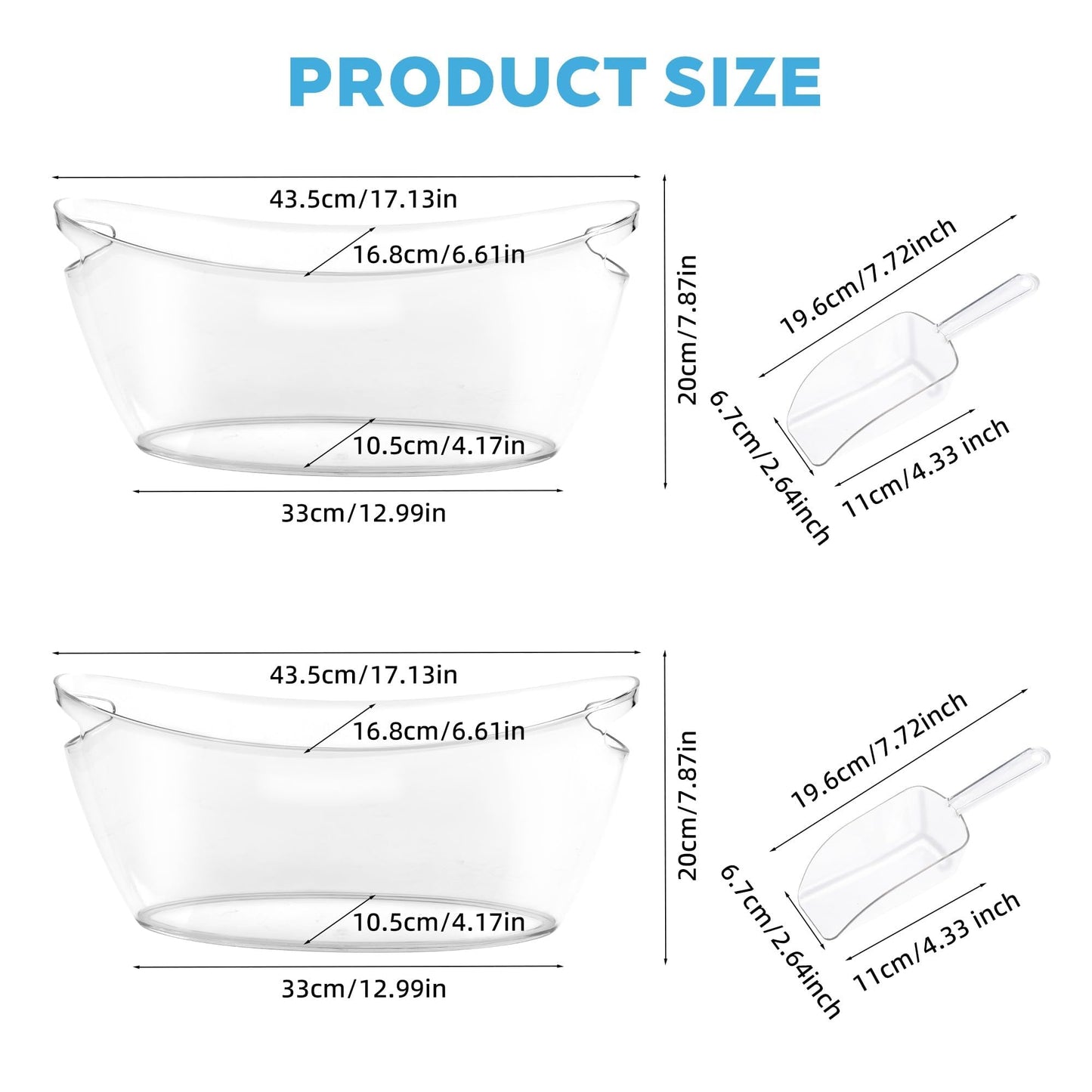 Acrylic Champagne Bucket Set of 2, Ice Bucket for Parties6.5L Large Party Ice Bucket with Ice Scoop & Bottle Opener – Clear Drink Tub for Wedding, Bar, Pool Party, Beer & Wine Chilling (White-A)