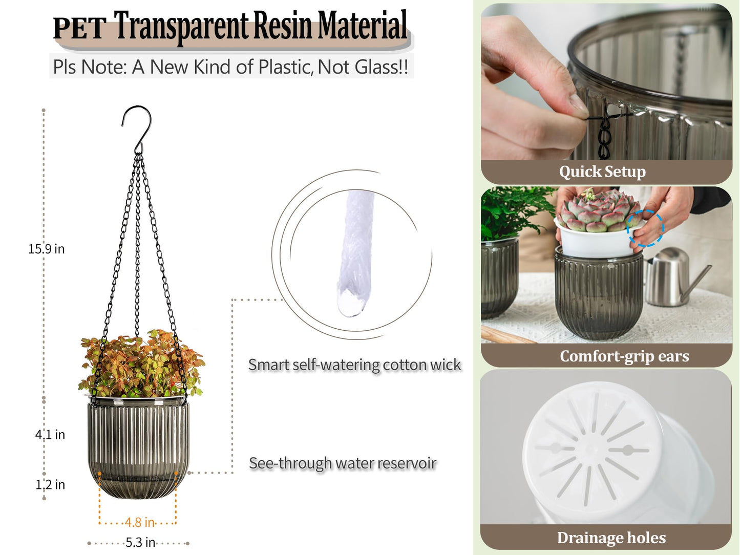 Melphoe 2 Pack Self Watering Hanging Planters Indoor Flower Pots, 5.3 Inch Outdoor Hanging Basket, Plant Hanger with 3Hooks Drainage Holes for Garden Home (Gray)