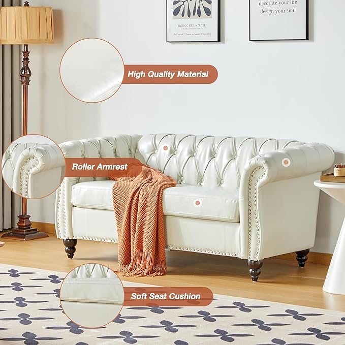 Mid-Century 2 Seater Sofa, Faux Leather Loveseat