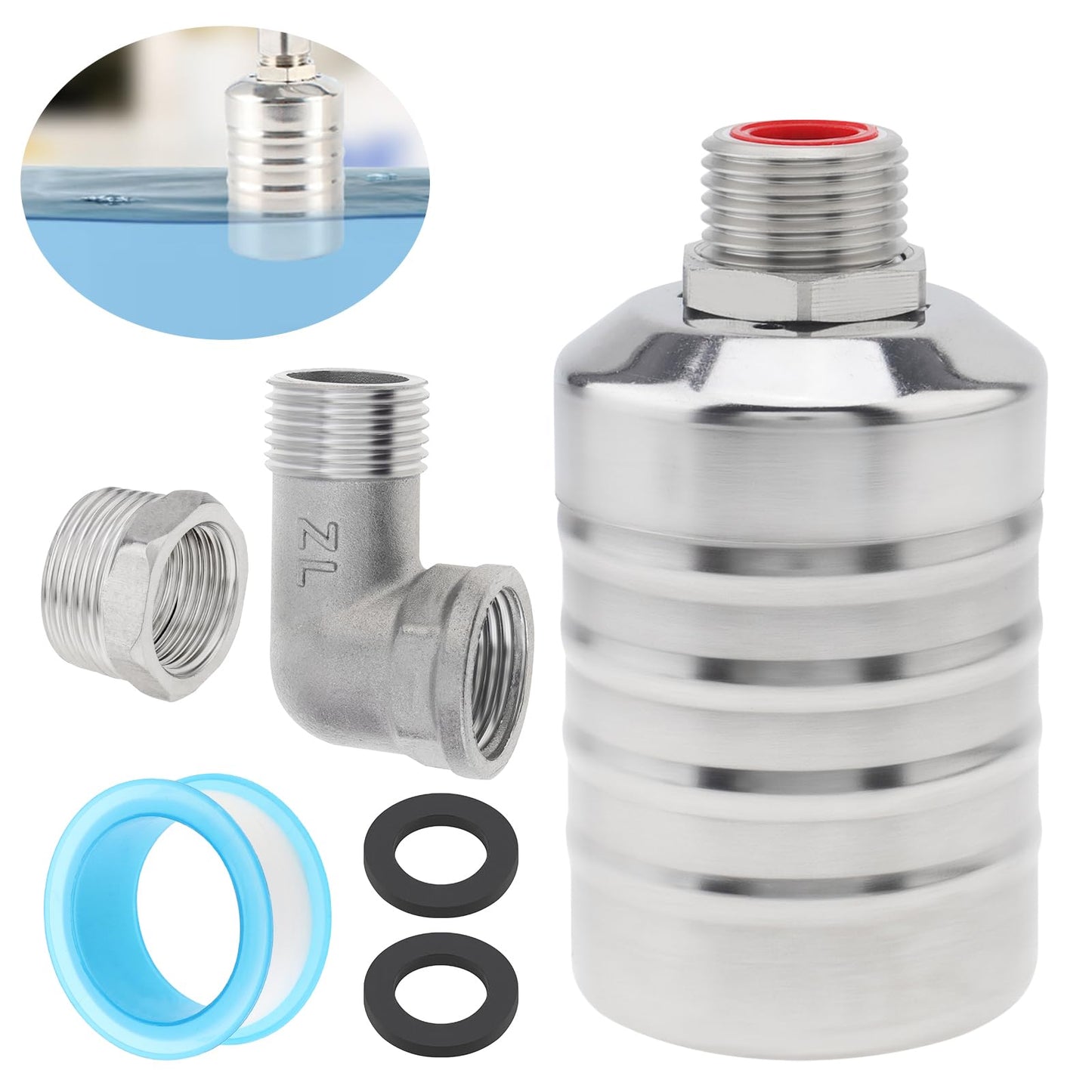 Float Valve, 304 Stainless Steel 1/2inch to 3/4inch Auto Fill Shut Off Water Float Valves Fully Automatic Water Level Control for Water Tank, Pool, Tower, Livestock Troughs