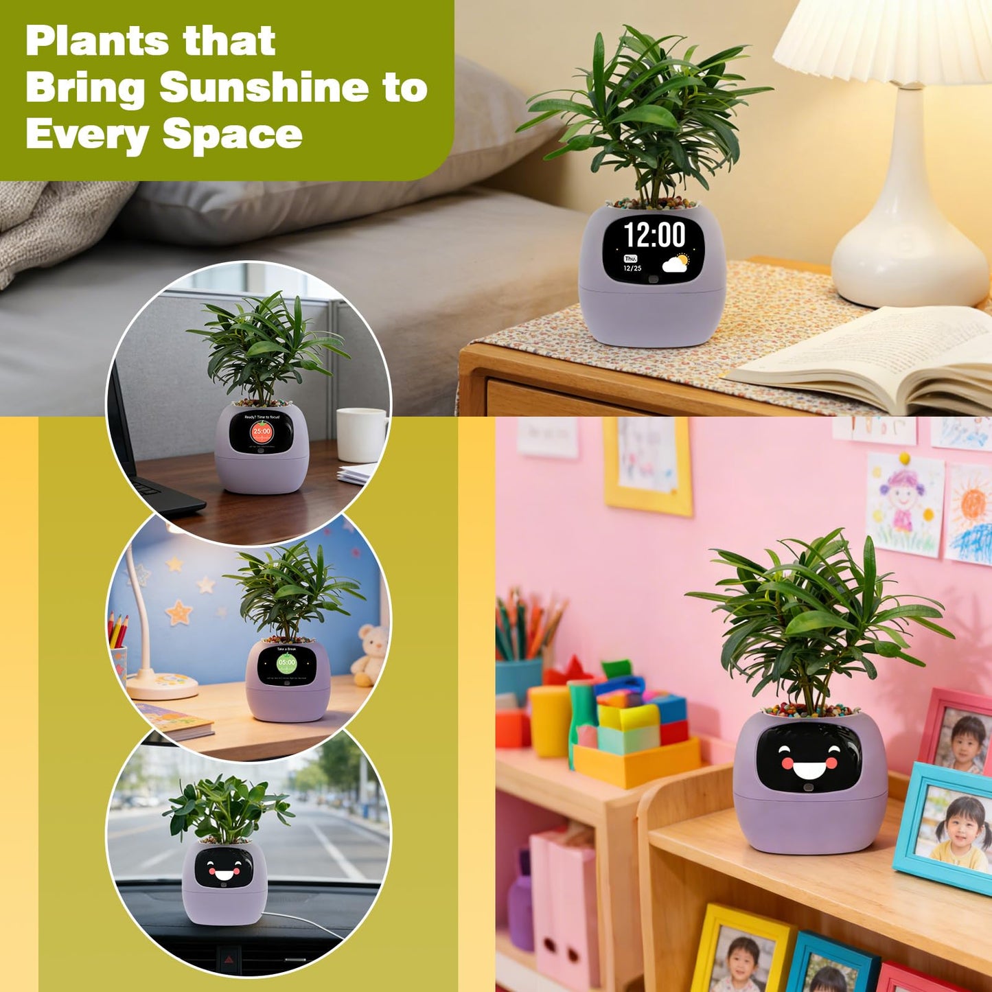 Smart Plant Pot with Visual Display – Soil Moisture, Water Level, Light & Battery Monitor, 80ml Self-Watering Reservoir, Supports 100+ Plants, Pomodoro Timer, Clock & Calendar-Purple