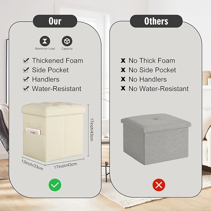 Ottoman with Storage, Slim Tall Foot Rest Stool with Thicker Foam Padded Seat.