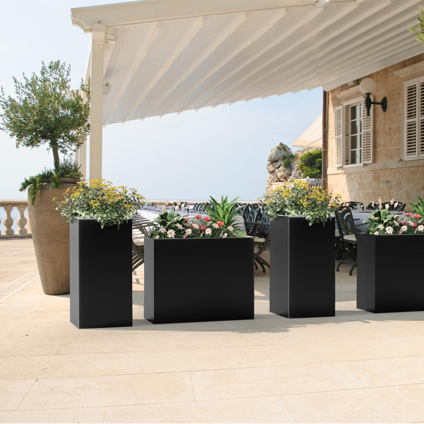 Tall Metal Planter Box for Outdoor Plants 36"L x 12"W x 26"H, Heavy Duty Steel Large Rectangular Planter Box with Removable Insert Shelf, Modern Décor for Tall Plants, Trees, Flowers (Black)