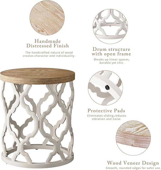 karlott Farmhouse End Table, 18.5'' French Country Round Side Table, Distressed