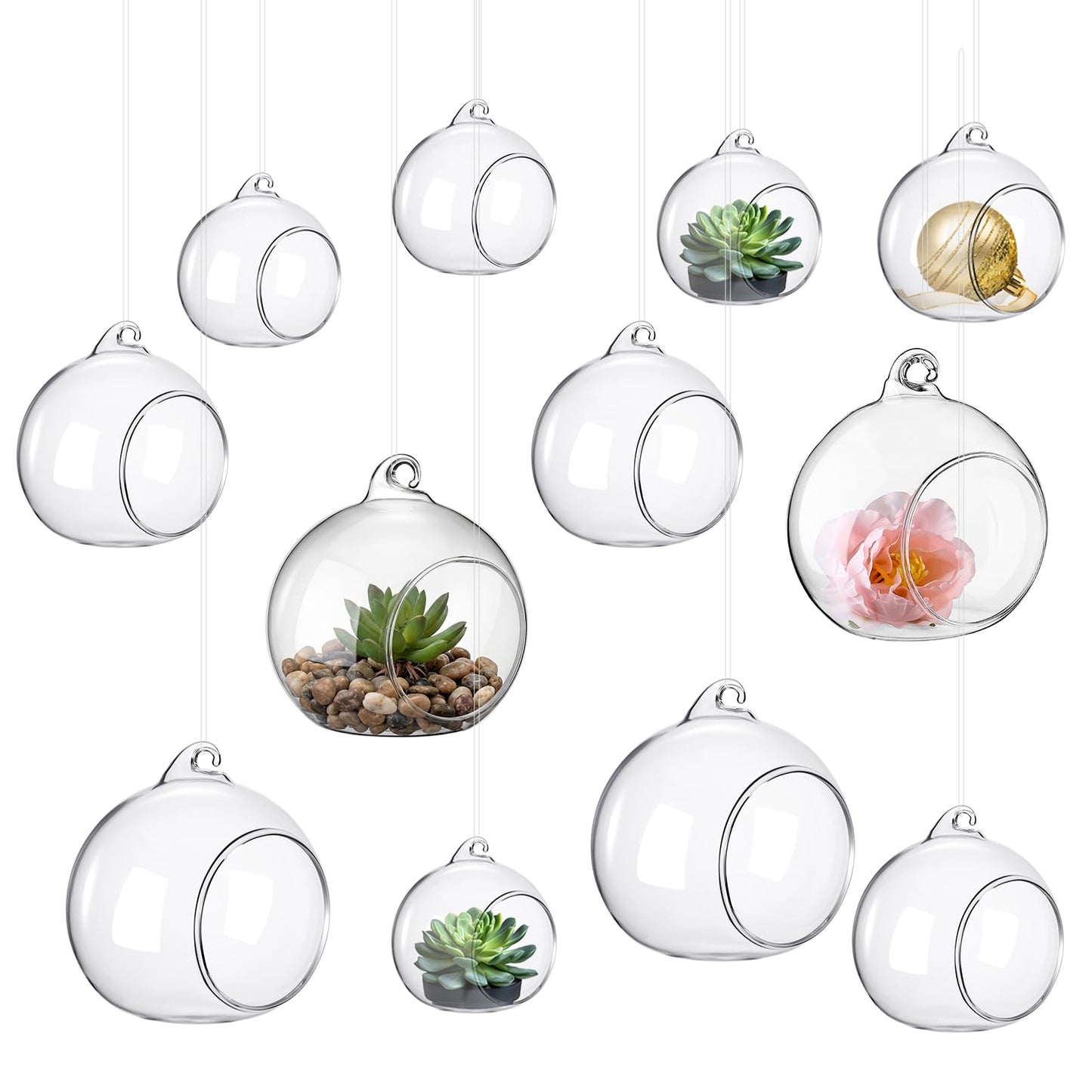 GlikCeil 12 Pcs 5.3'' 3.9'' 3.15'' Hanging Glass Tealights Candle Holder Large Globes Fillable Plant Clear Terrarium Orbs Air Plants Holder with Fishing Line Wedding Centerpiece Tree Decor