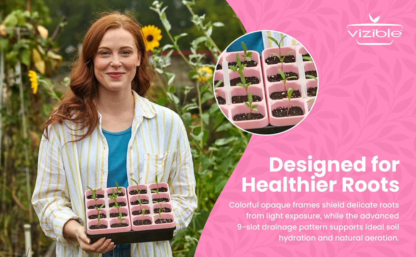 Vizible 16-Cell Seed Starting Tray Caddy | Reuseable Clear Cell Design | Perfect for Vegetables Including Tomatoes and Peppers, Flowers and Herbs (Aster Pink)