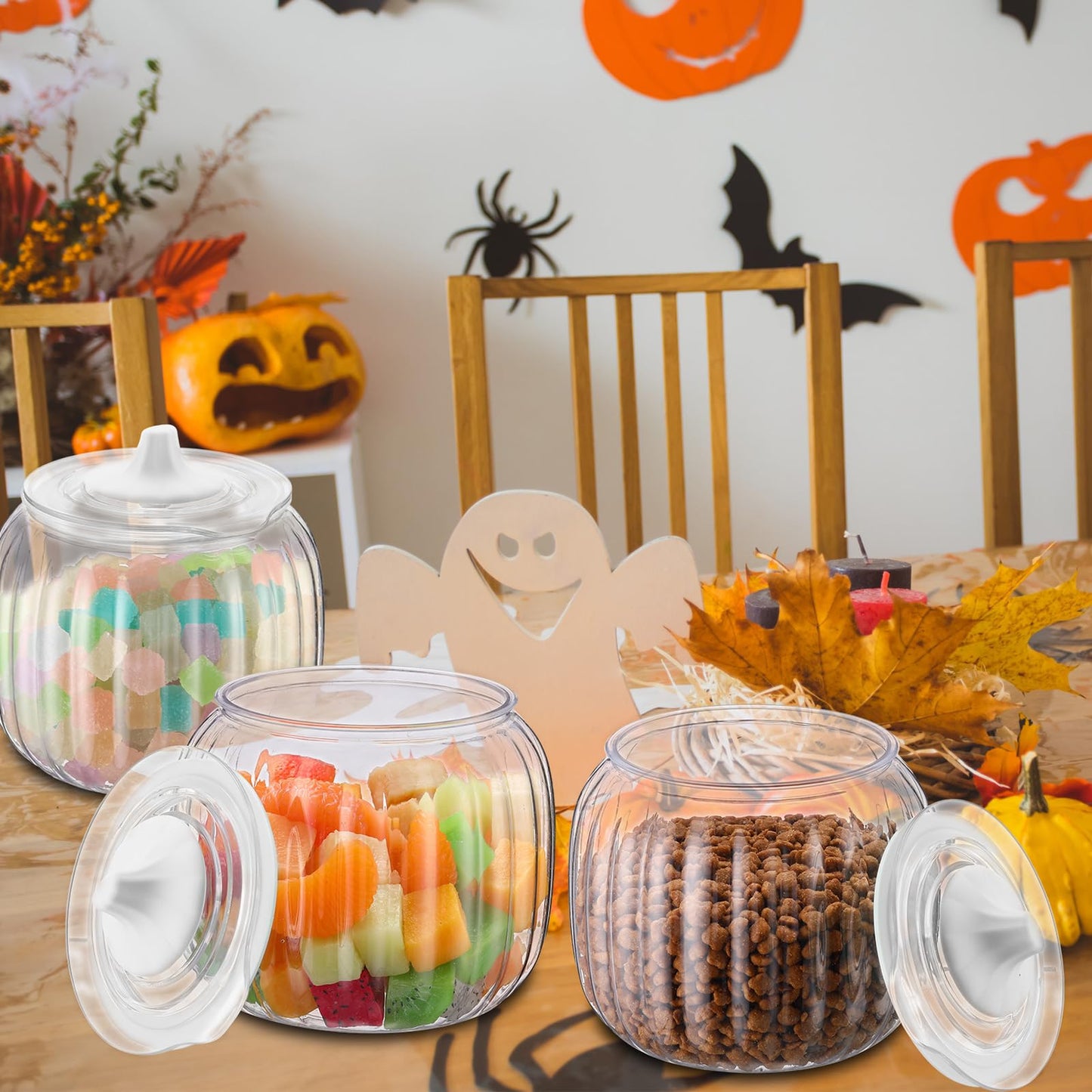Mimorou 4 Pcs 42oz Halloween Pumpkin Jar with Lid Plastic Cookie Candy Jars with Airtight Lid Clear Pumpkin Shaped Snack Fruit Bowl for Halloween Fall Thanksgiving Home Indoor Party Decoration