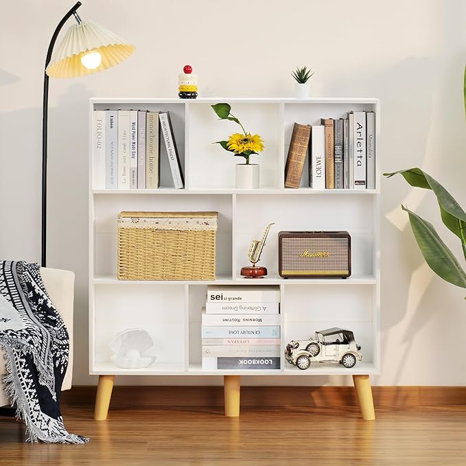 YAHARBO 8 Cube White Bookshelf, 3 Tier Book Shelf