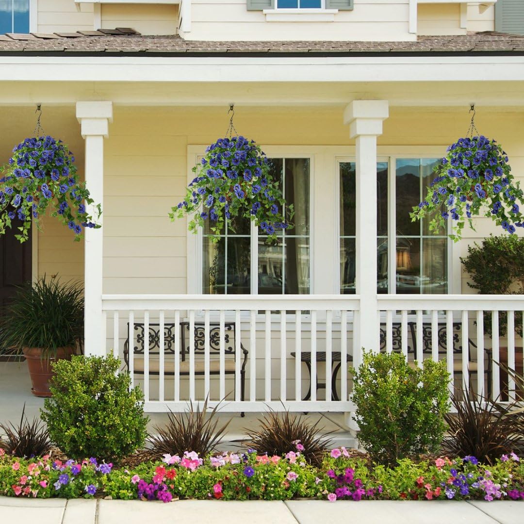 Homsunny Artificial Vine Silk Petunia Flowers, Fake Hanging Plant in Basket, Coconut Lining Pot Porch Decoration for Patio Lawn Garden Spring Summer Decor(Blue)