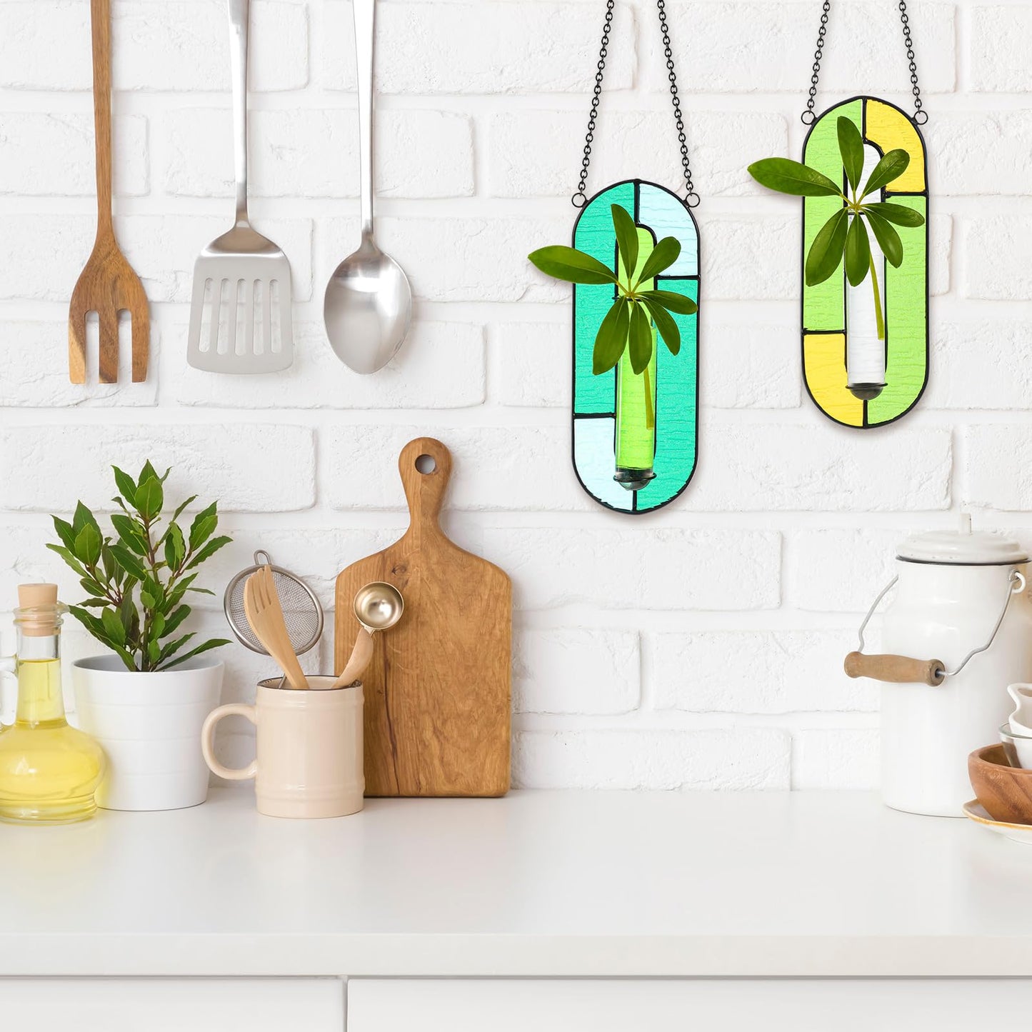 Yiyiring 2 Sets Stained Glass Window Hanging Propagation Window Propagation Stations Planters with Glass Tubes and Chain Terrarium Wall Plant Holder Decor for Living Room