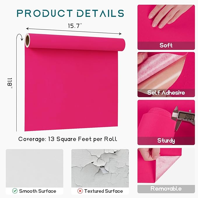 VEELIKE Hot Pink Velvet Fabric Wallpaper Peel and Stick Soft Felt Drawer Liners