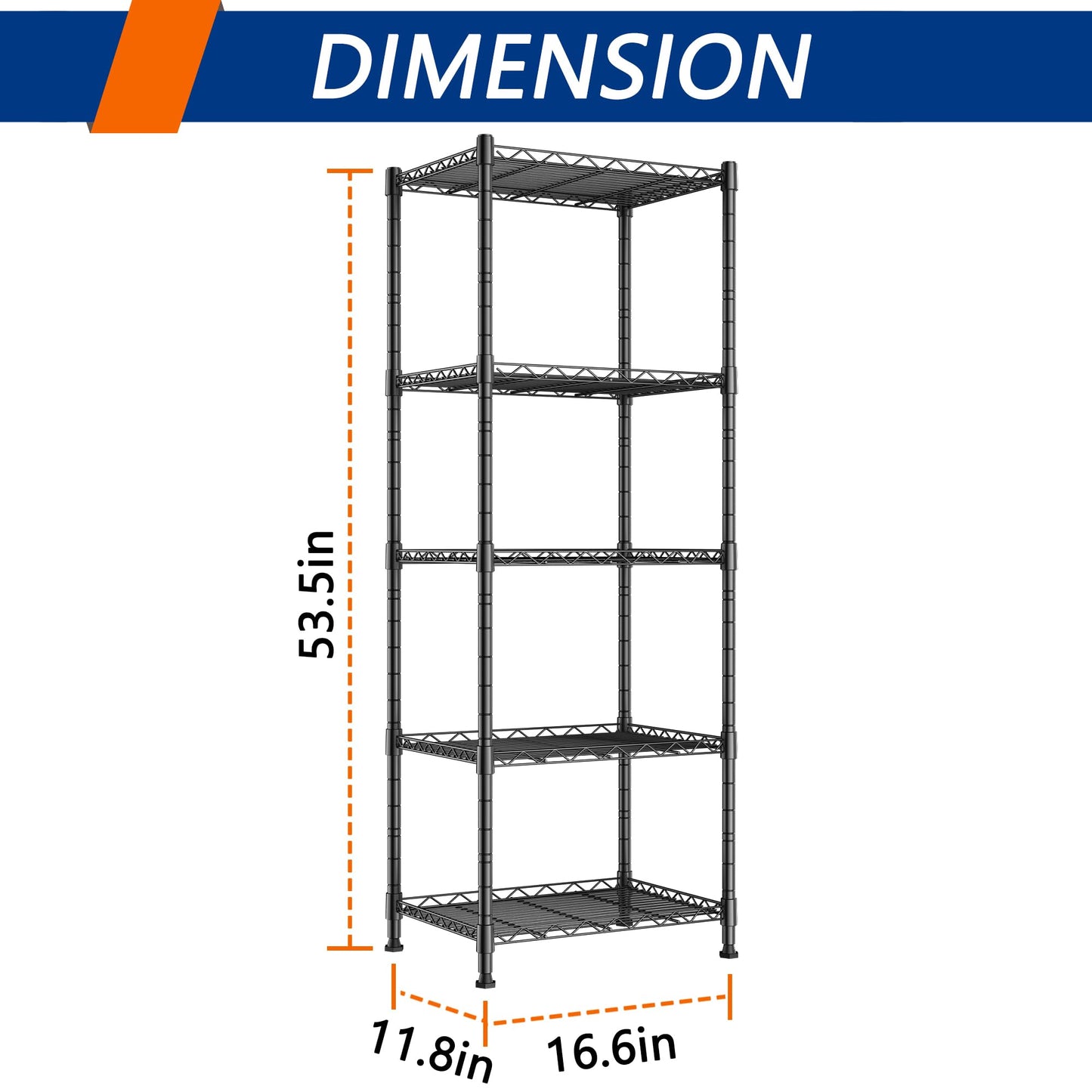 REGILLER 5-Wire Shelving Metal Storage Rack Adjustable Shelves,Standing Storage Shelf Units for Laundry Bathroom Kitchen Pantry Closet(Black,11.8" D x 16.6" W x 53.5" H)