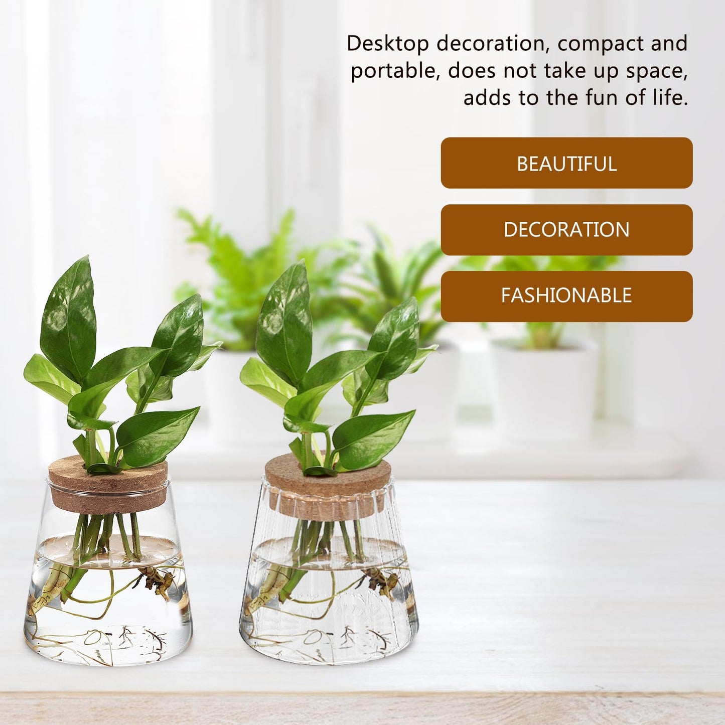 Operitacx 3pcs Hydroponic Glass Propagation Vases with Smooth, Hammered Vertical Texture Volcanic Neck and Wood Stopper, Indoor Plant Terrarium Set for Home and Office Décor