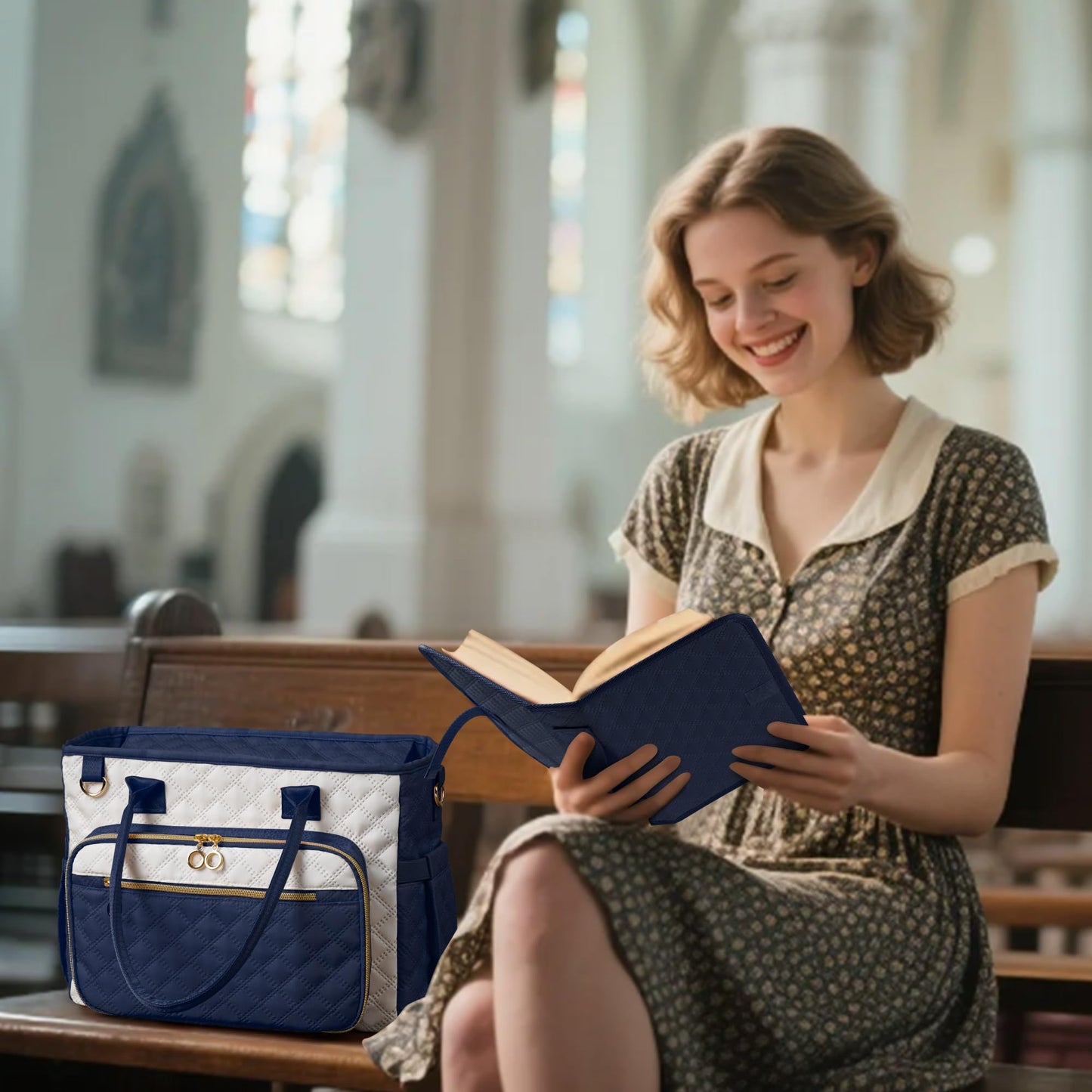 Large Bible Bag with Bible Cover Case for Women,Church Tote Bag Travel Bag Diaper Bag with Shoulder Strap for Teachers, Nurses, Moms, Bible Lovers (Blue)