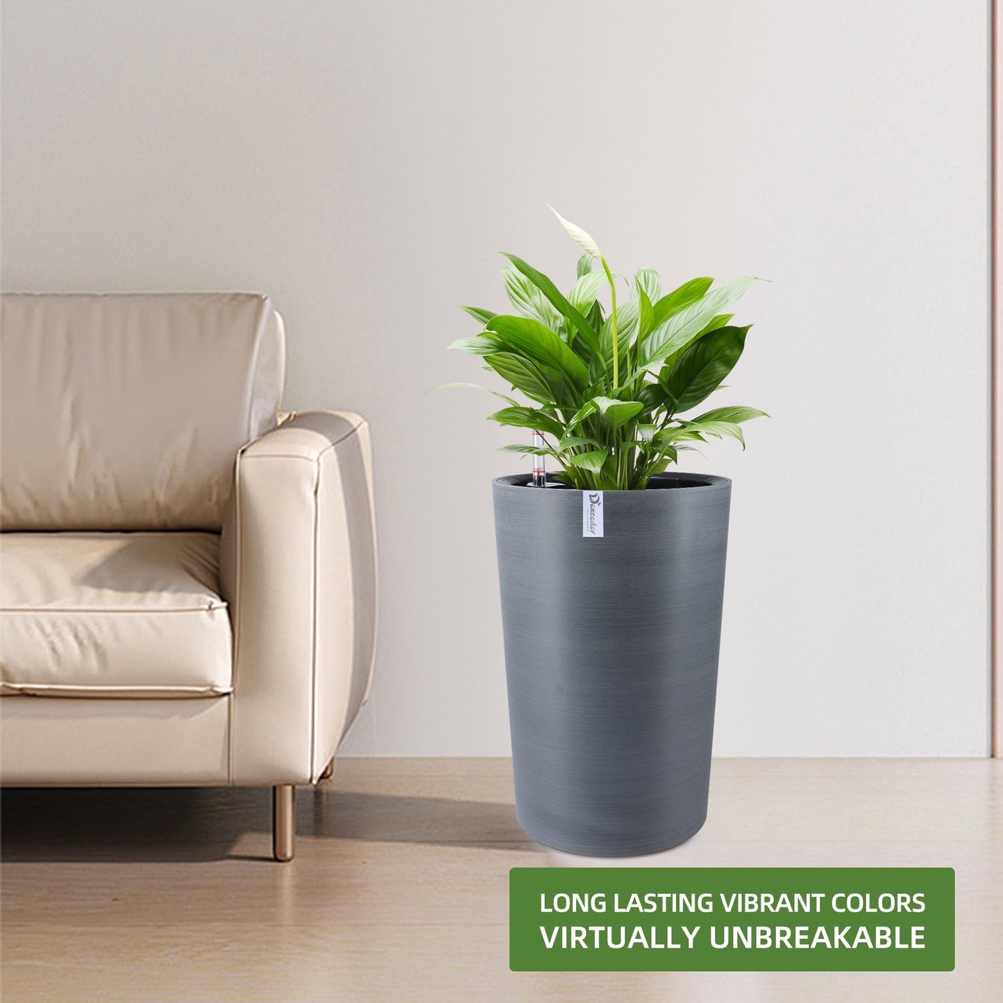 Dexceder 16x12 Tall Self Watering Planter High Cylinder Indoor Outdoor, Thickened Large Floor Standing Flower Plant Pot with Water Level Indicator (Gray, Wire Drawing)