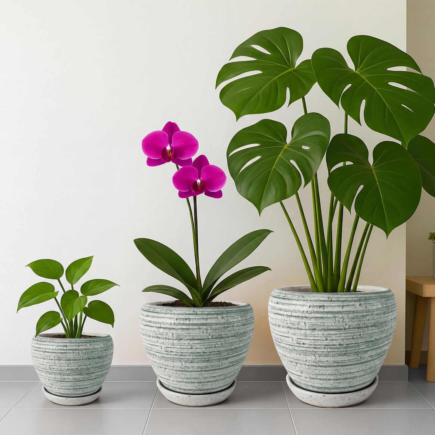 Deep Dream 6 Inch Plant Pots- Ceramic Planter Pot with Drainage Hole and Saucer, Round Flower Pot for Indoor Outdoor Succulent, Snake Plants and Cactus, Brushed Green