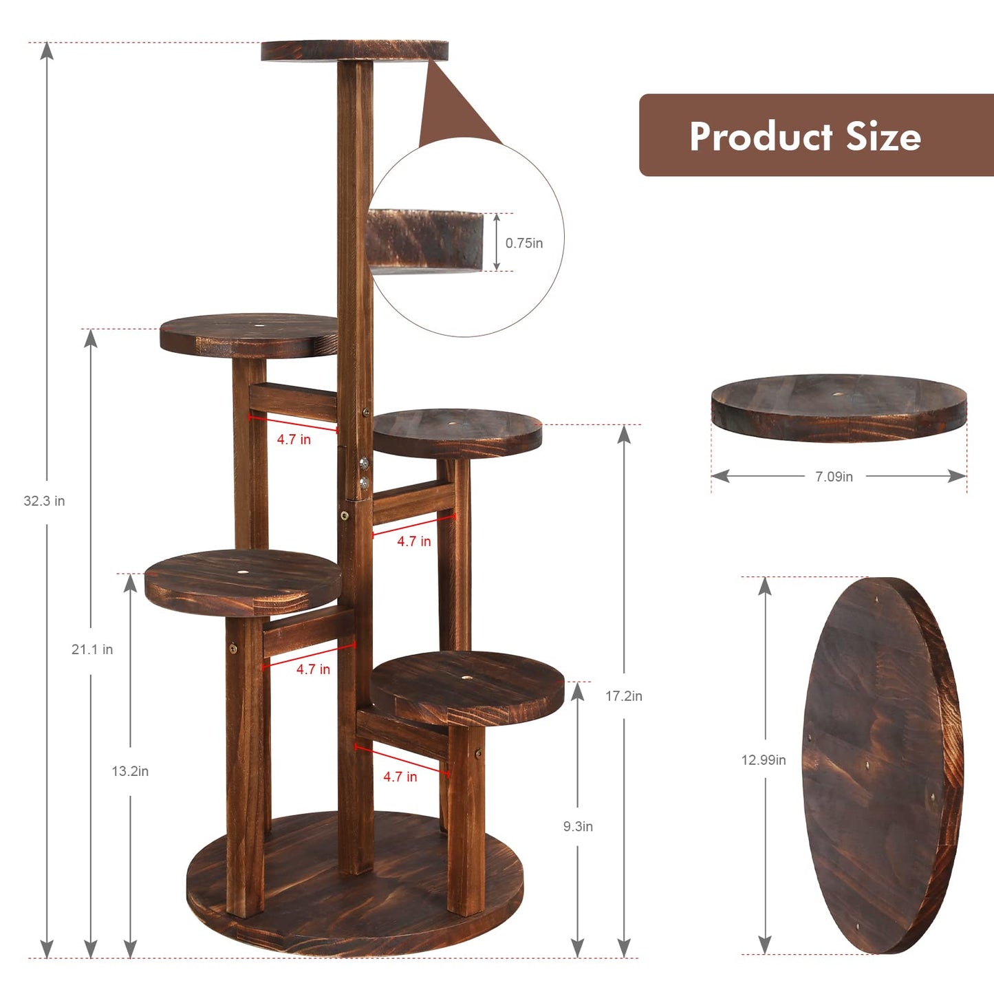 Jotboom 5 Tier Plant Stand Indoor, Tall Wood Corner Plant Shelf for Multiple Plants, Multi-tiered Flower Pot Holder Display Rack for Living Room, Balcony, Patio (Carbonized Brown)
