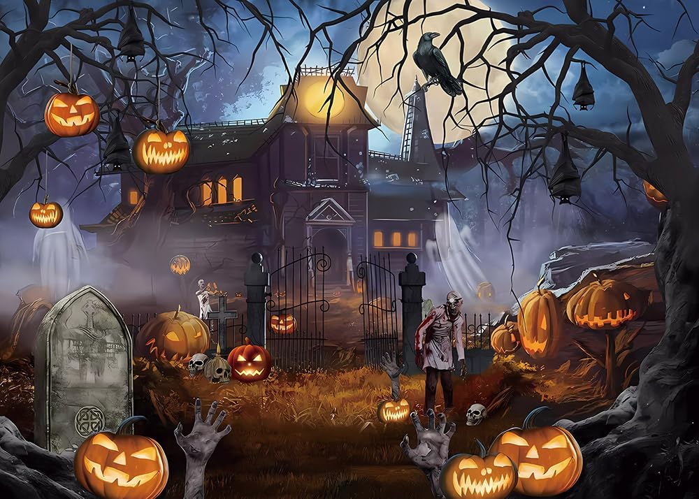 Halloween Theme Backdrop 8x6ft for Photography Scary Ghost Castle Moon Night Scary Pumpkin Lantern Crow Photo Background for Horror Halloween Party Portraits Decor Banner