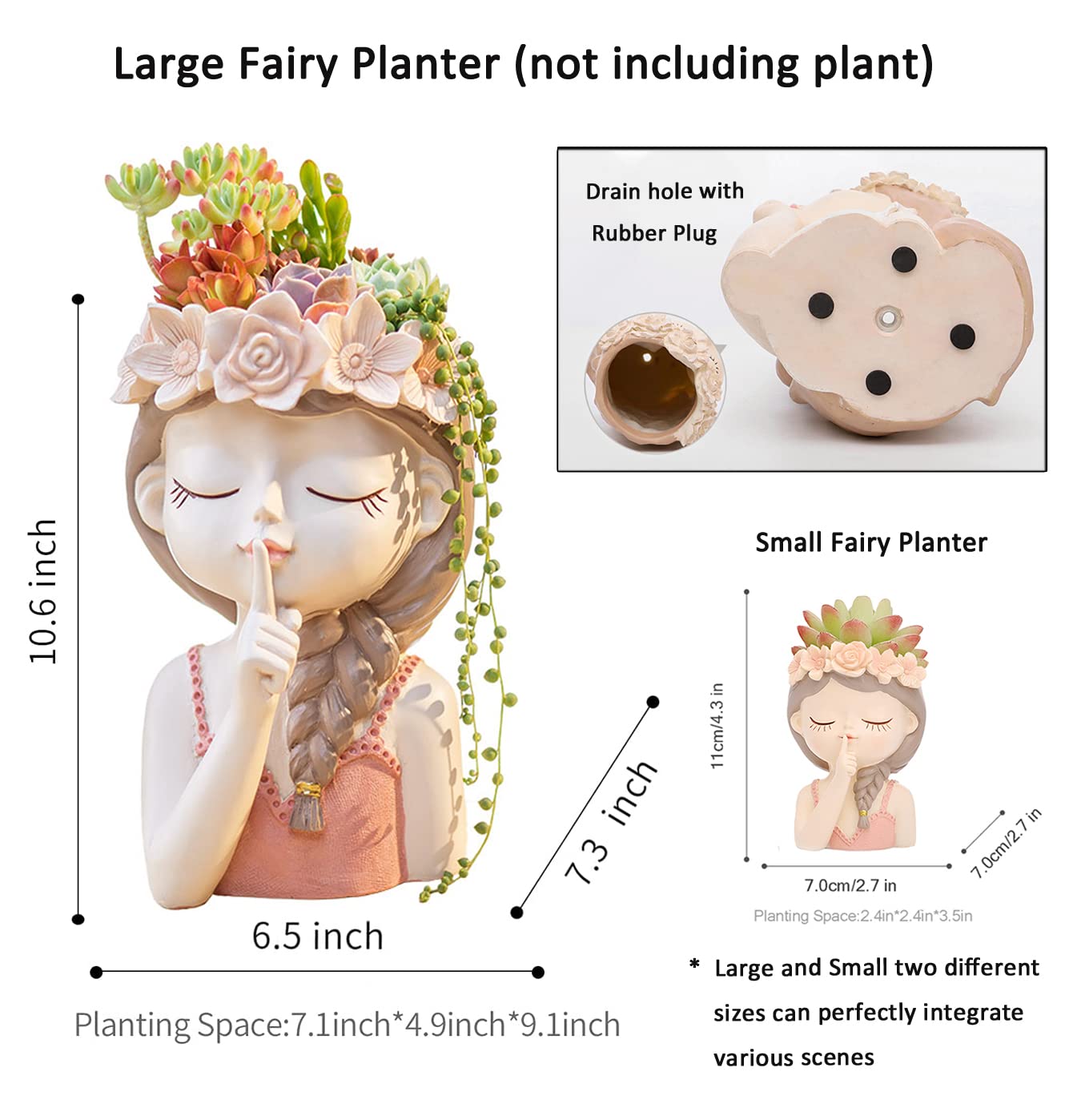 Cute Succulent Plant Pot with Drainage Hole large girl face planter pot big Resin lady head planter 11 inch tall flower vases for indoor and Outdoor plants fairy garden gift for female plants lover