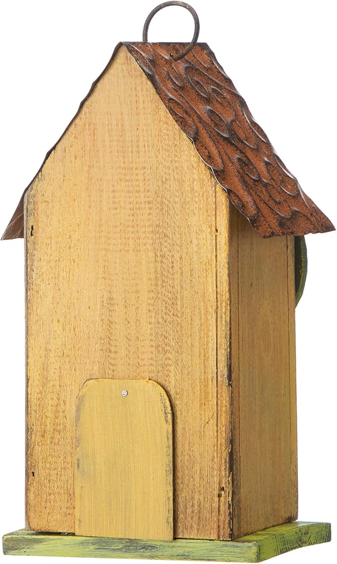 Glitzhome Birdhouse for Outdoor Hanging, 9.7" H Patio Garden Pet Cottage Distressed Decorative Birdhouse Wooden Bird House for Bluebird Wren Sparrow Finch Cardinal, Leaves Rustic Yellow