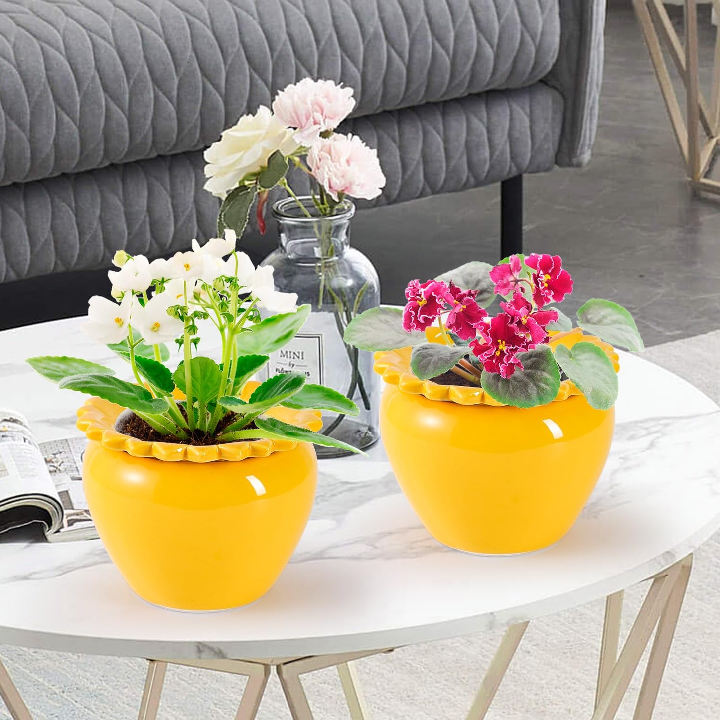 Lovely Ran African Violet Flower Pot Self Watering Plant African Violet Planter Pot Yellow Ceramic Pot Maintenance Plant Seeder Planting 6.5 * 4.6 Inch High Absorption Plant Inner Flower Pot