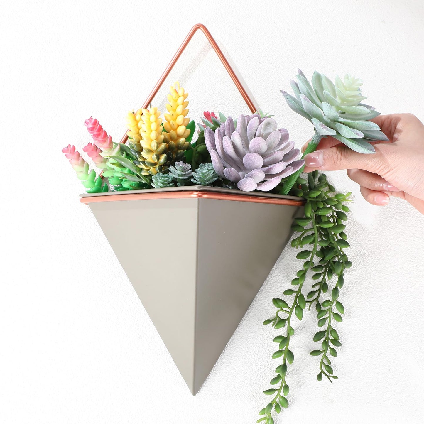 Rtteri 15 PCS Gray Wall Hanging Planter Set with Artificial Succulents, 3 Ceramic Geometric Wall Planters in 3 Sizes, Modern Indoor Decor for Living Room Bathroom Office