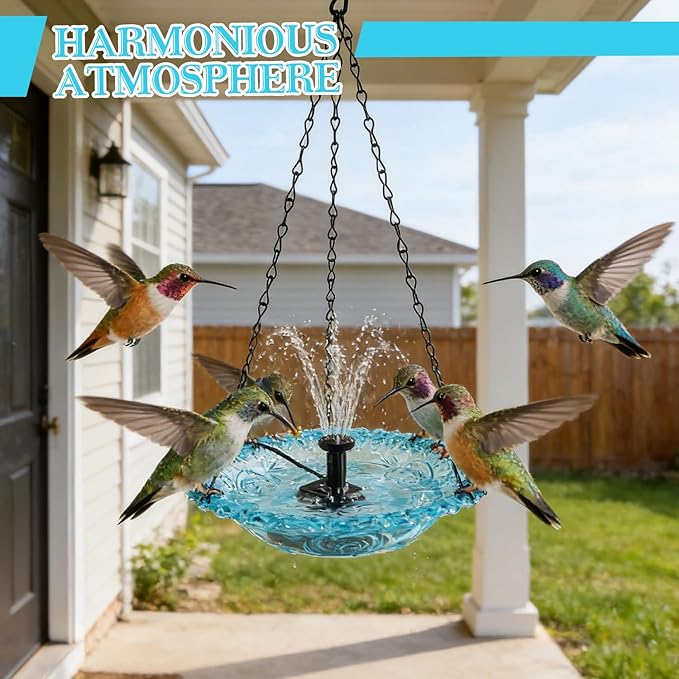 warmow Hanging Bird Bath Fountain, Outdoor Water Fountain, Hanging Bird Bath with Water for Outdoors Garden Patio Backyard Lawn Decor (USB-Powered Single-Layer, Blue)