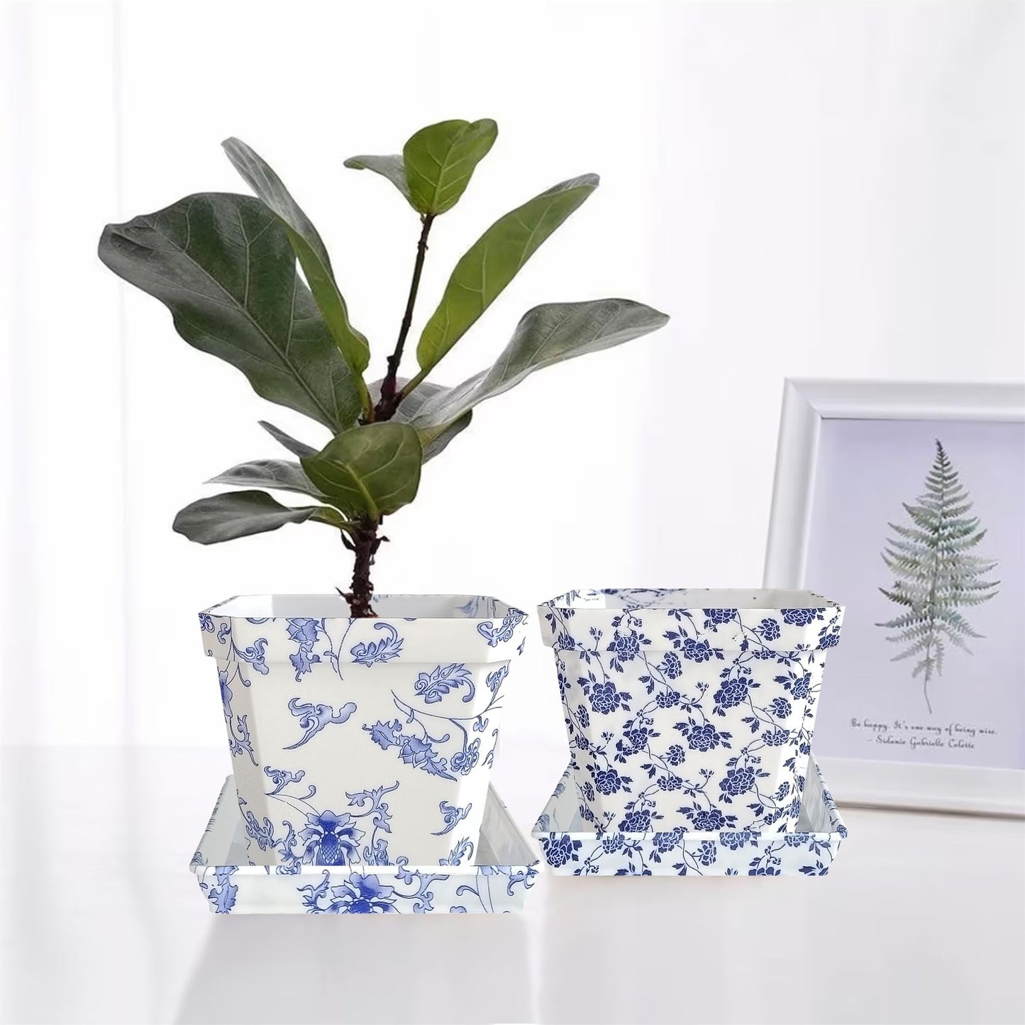 SEUCRWAX 4 Inch Plant Pots Square Plastic Decoration,Flower Pots Retro Design,Flower Pot with Drain Hole and Tray,for Outdoor Indoor Garden Valentine's Day Plants (Blue and White,4pcs)