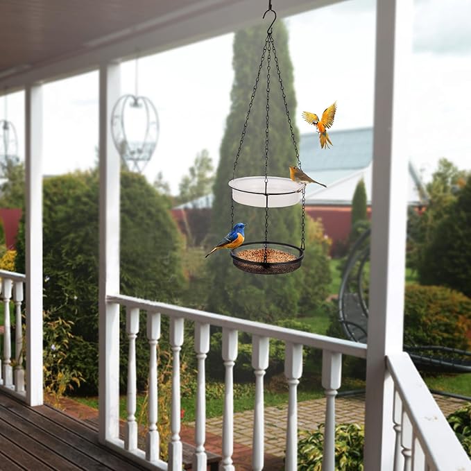 HRAYLTOP 2-in-1 Set Hanging Bird Feeder and Bath for Outdoor, Small Metal Tray Perfect for Attracting Bird
