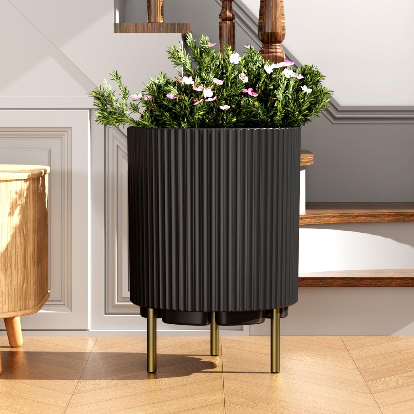 NAYSAYE Round Planter with Stand, 14.76 Inch Plastic Flower Pot Modern Plant Pots with 3 Holder, Garden Planter for Living Room Office Garden Balcony Black