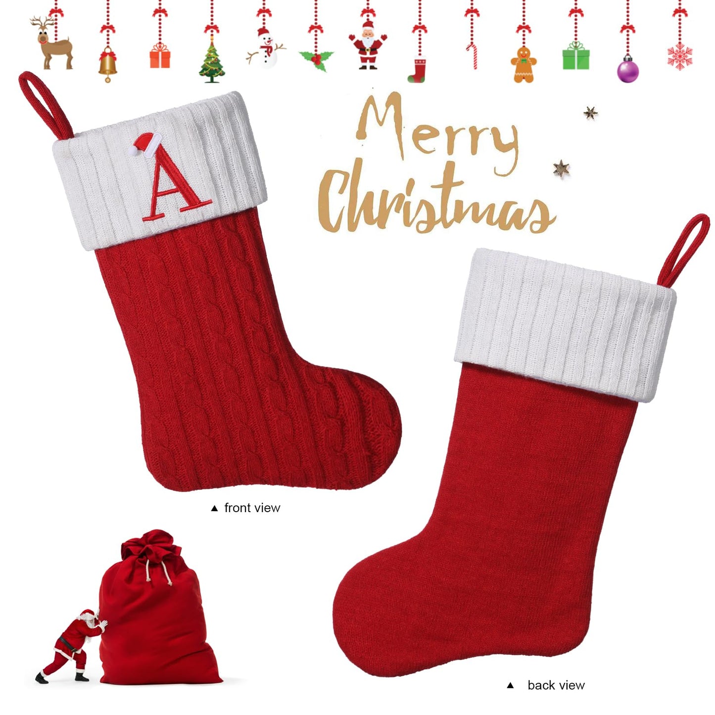 Yehnois 19.5 inch Red Knit Christmas Stockings,Personalized Embroidered Letter Christmas Stocking,Family Holiday Xmas Party Decor (Initial E)