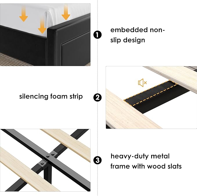 Full Bed Frame with Drawers, Hidden-Cubby & Shelves Storage Headboard with
