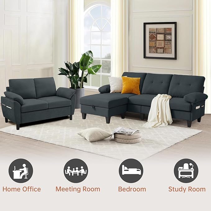 84" Convertible Sectional Sofa Set, 3 Seat L Shaped Couch