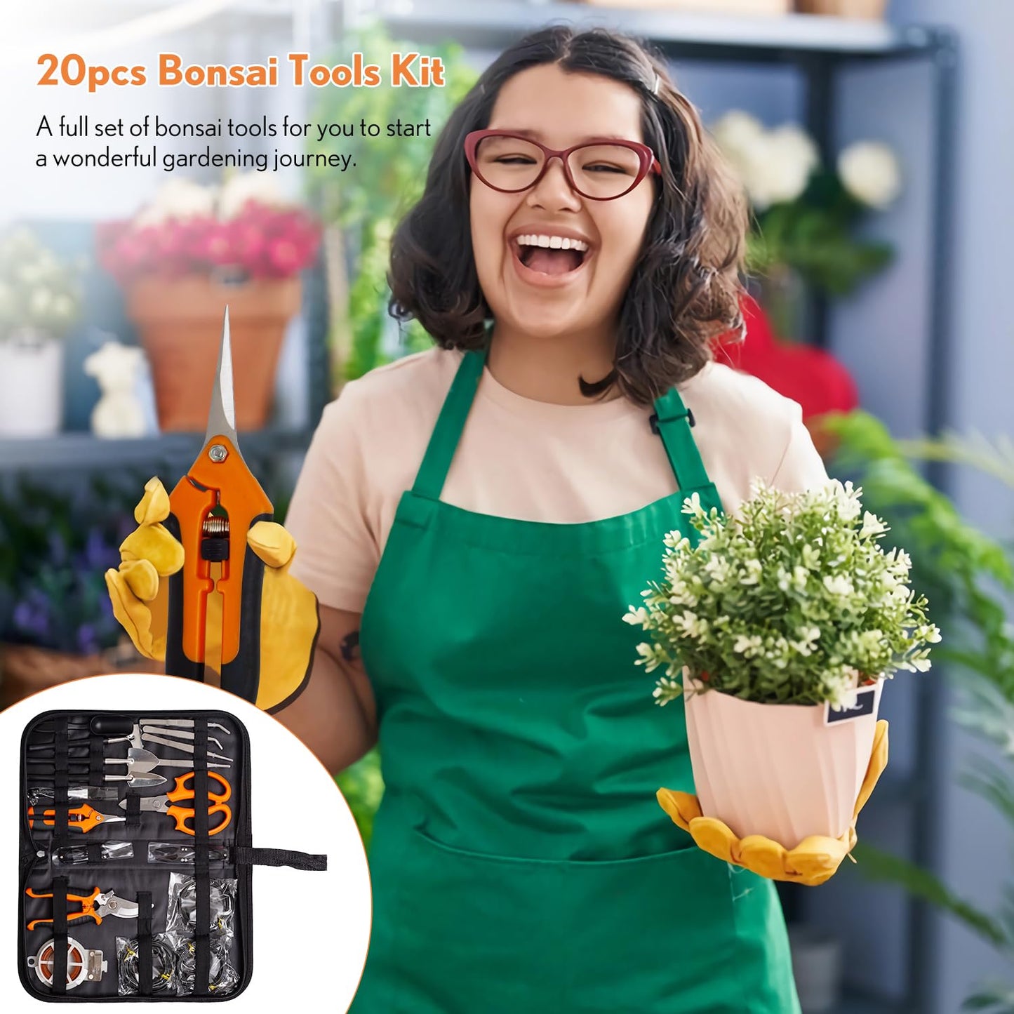 Bonsai Tools Kit 20 Pcs Garden Tools Set for Beginner, Gardening Gift for Women Men, Includes Bonsai Wire Kit, Plant Mat, Pruning Shears, Bonsai Scissors, Succulent Tools in Leather Storage Bag