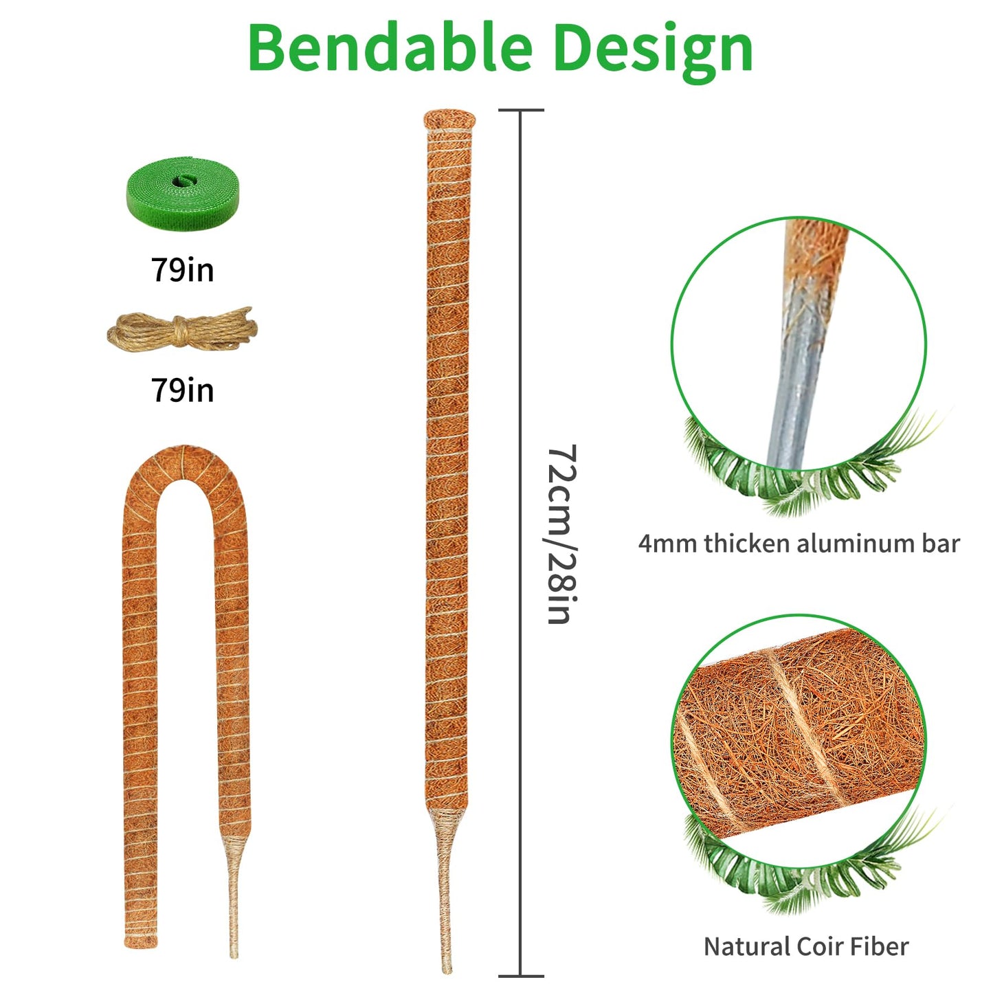 2 Pack 28 Inch Moss Pole Monstera Plant Support, Coir Moss Poles for Climbing Indoor Plants, Bendable Plant Stake Trellis for Potted Plant, Pothos, Philodendron