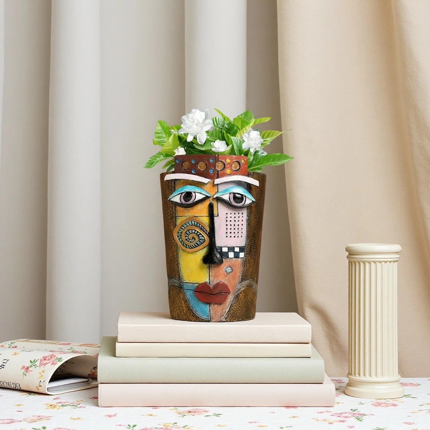 Yhupl Picasso Abstract Face Flower Pot,Plant Pot with Facial Expressions,Handmade Resin Plant Pot with Drainage Holes,for Indoor and Outdoor Botanical Home décor (Brown Small)
