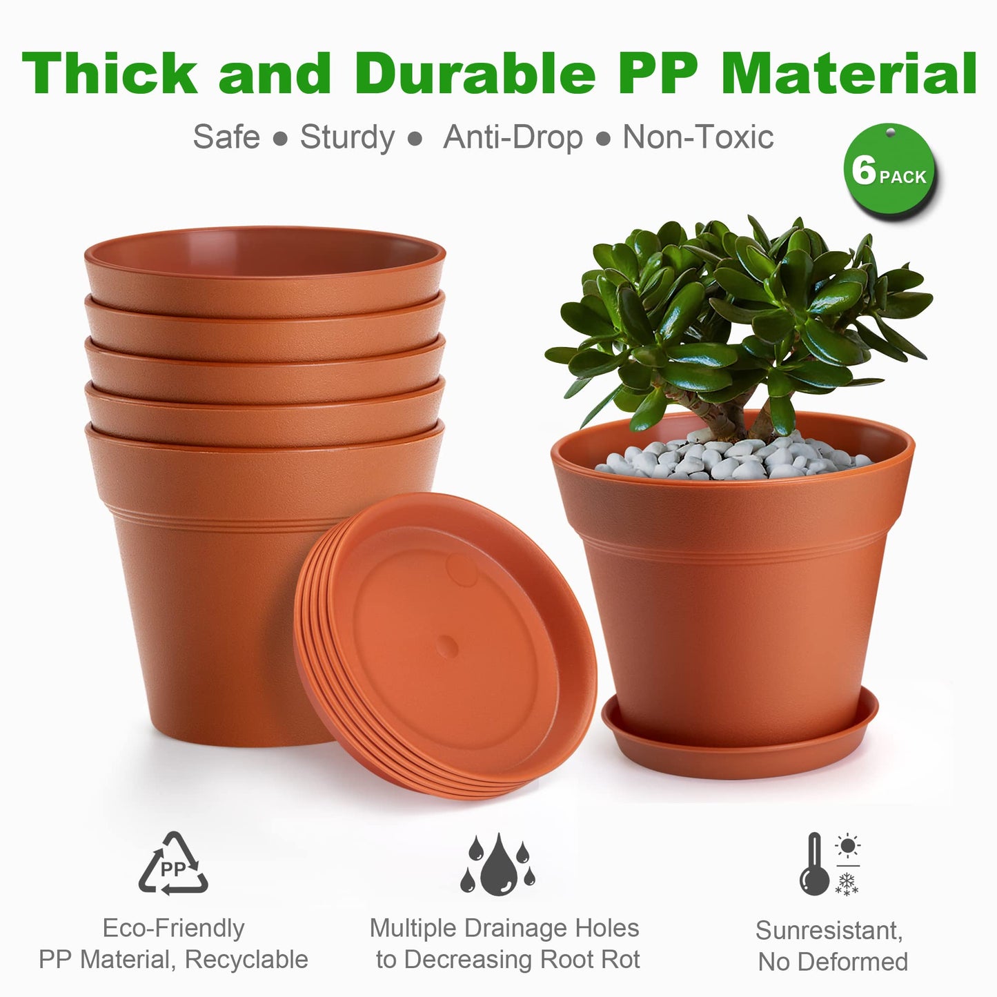 FHWTY 6 Pack 4in Plastic Plant Pots Terracotta & 6 Pack 4in Plastic Plant Pots White