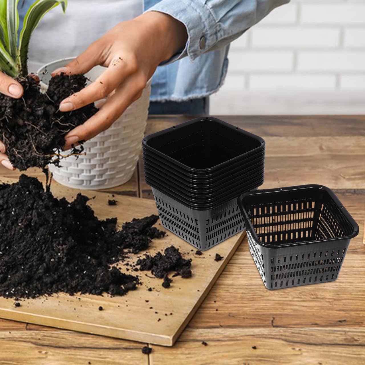 UPKOCH 10 Pack Square Net Pots for Hydroponics, Thick Plastic Orchid Pots with Holes, Black Mesh Slotted Cups for Pond Plant Drainage