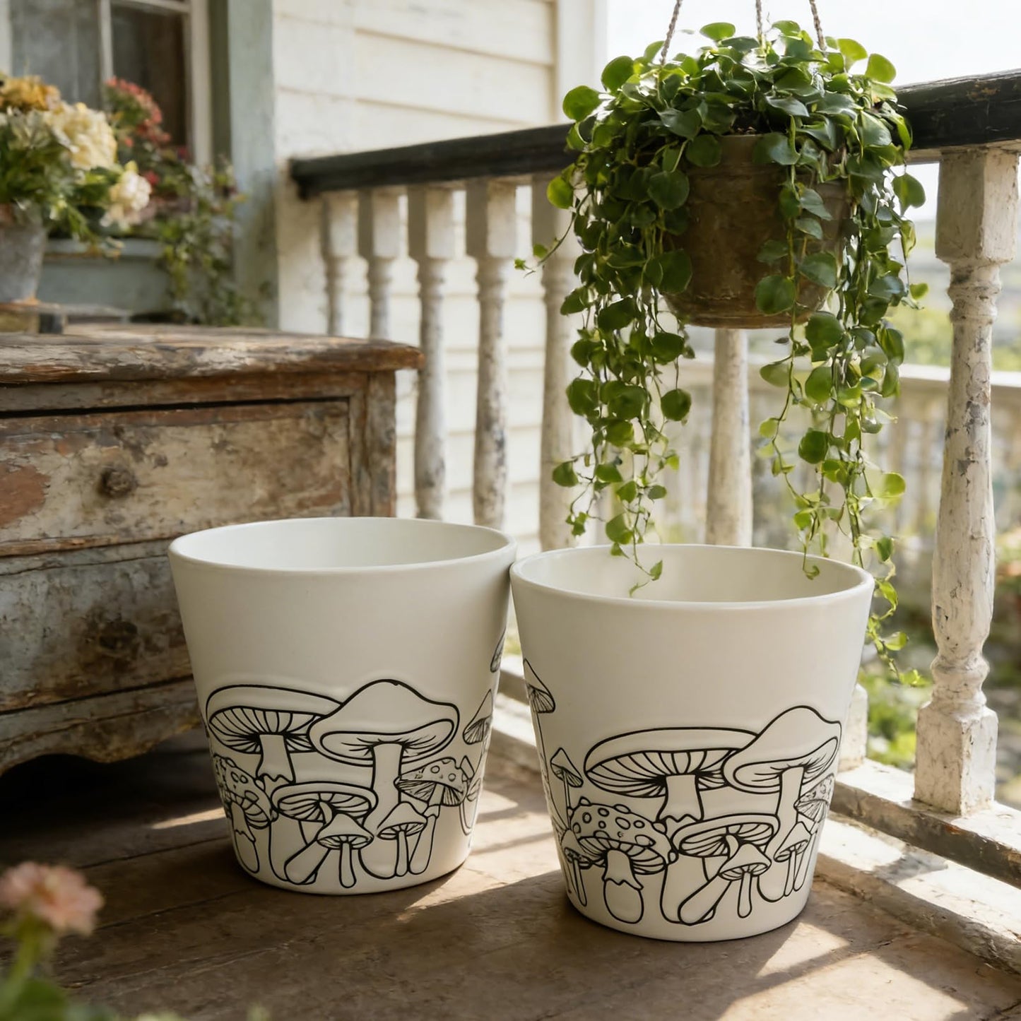Mushroom Planter,5.5in Unique Ceramic Flower Pot with Permeable Tray,Large Caliber Indoor Flowerpot with Mushroom Relief Sculpture,Creative Planters for Housewarming Gifts and Home Decor (2 piece)