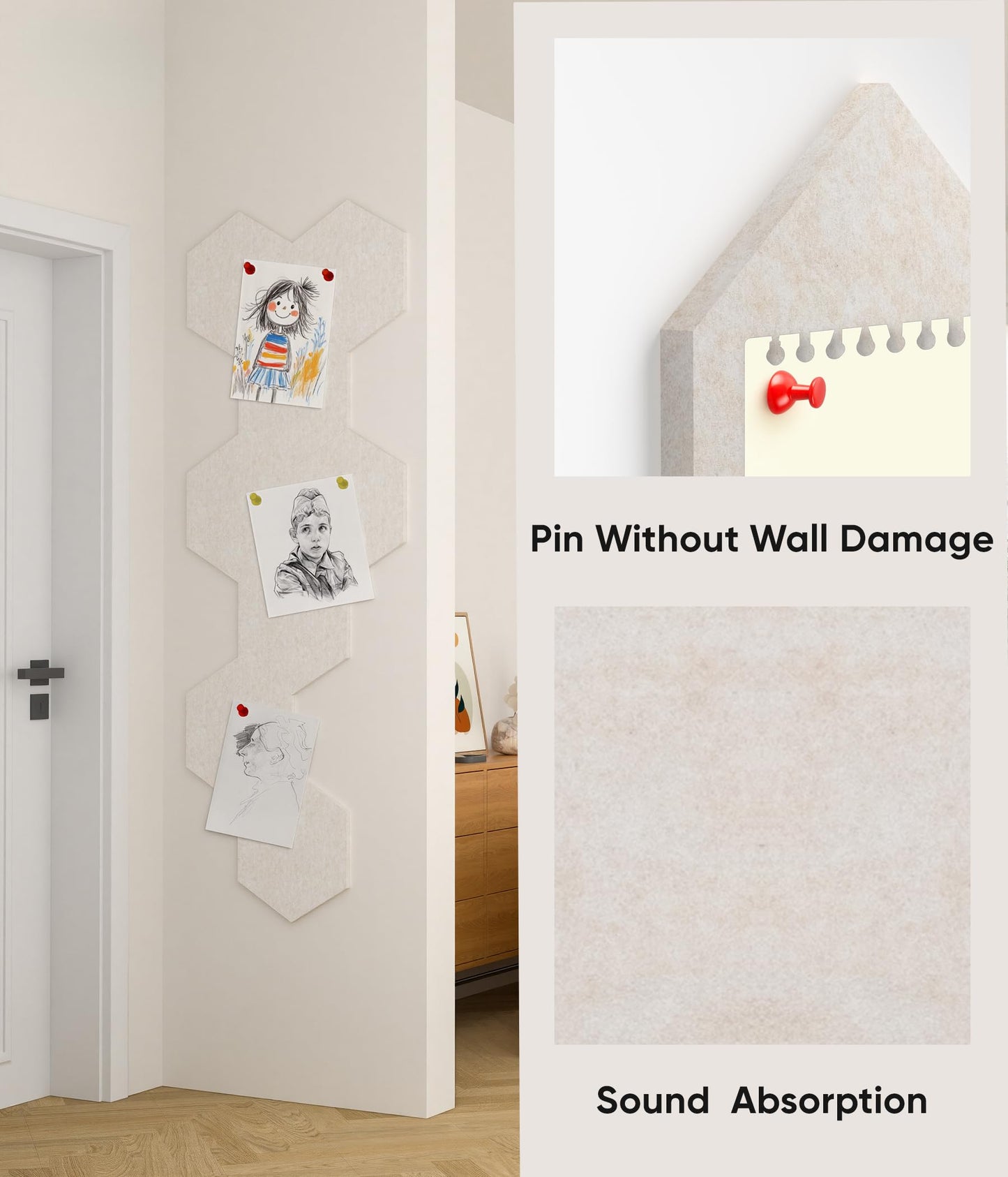 Toptople 12 Inch Large Hexagon Cork Board for Walls, 8 Pack Felt Bulletin Board Tiles, Pin Board with Push Pins for Office Photo and Note, Oatmeal