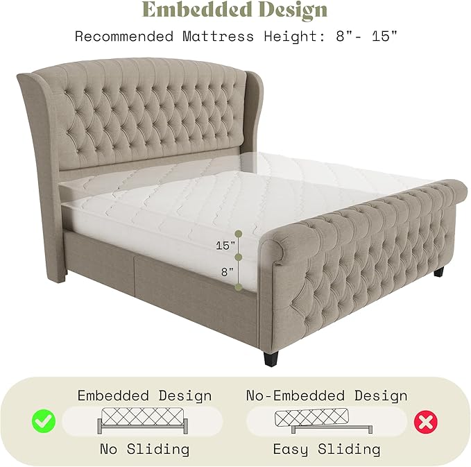 AMERLIFE King Size Platform Bed Frame, Linen Upholstered Sleigh Bed