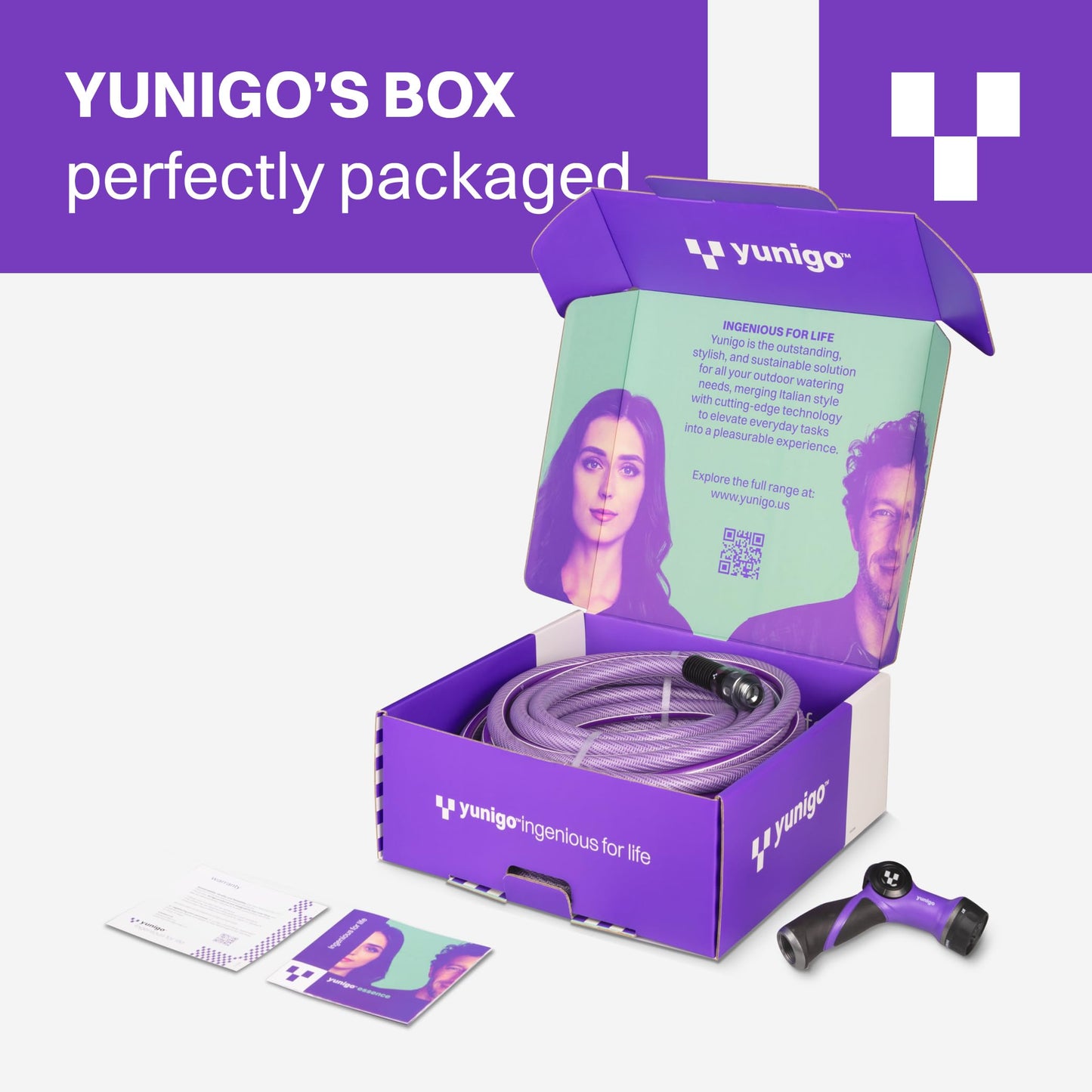 YUNIGO ESSENCE 5/8" 50ft Hybrid Purple Garden Hose – No-Kink Abrasion-Resistant with Durable Aluminum Fittings & Spray Nozzle, Ideal for Intensive Home & Garden Watering